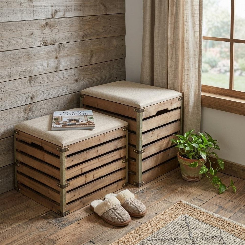 Set of Two Brown Wood Slat and Upholstery Storage Benches With Flip Top HomeRoots