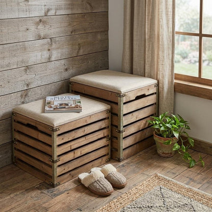 Set of Two Brown Wood Slat and Upholstery Storage Benches With Flip Top HomeRoots