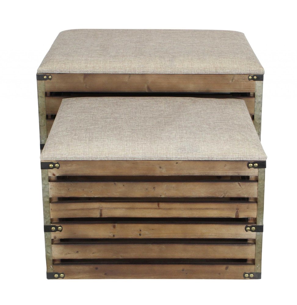 Set of Two Brown Wood Slat and Upholstery Storage Benches With Flip Top HomeRoots