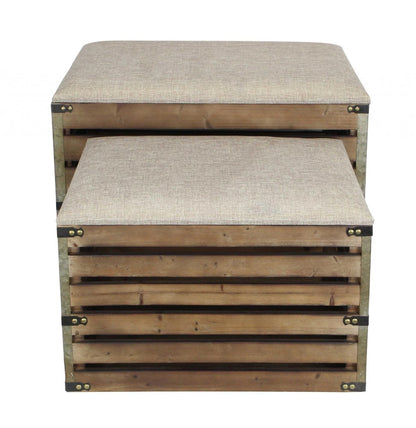 Set of Two Brown Wood Slat and Upholstery Storage Benches With Flip Top HomeRoots