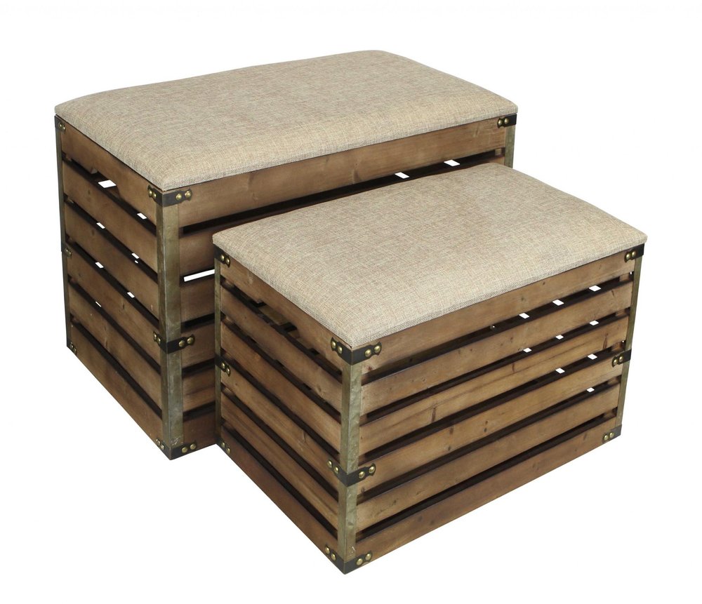 Set of Two Brown Wood Slat and Upholstery Storage Benches With Flip Top HomeRoots