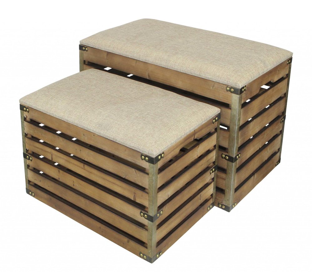 Set of Two Brown Wood Slat and Upholstery Storage Benches With Flip Top HomeRoots