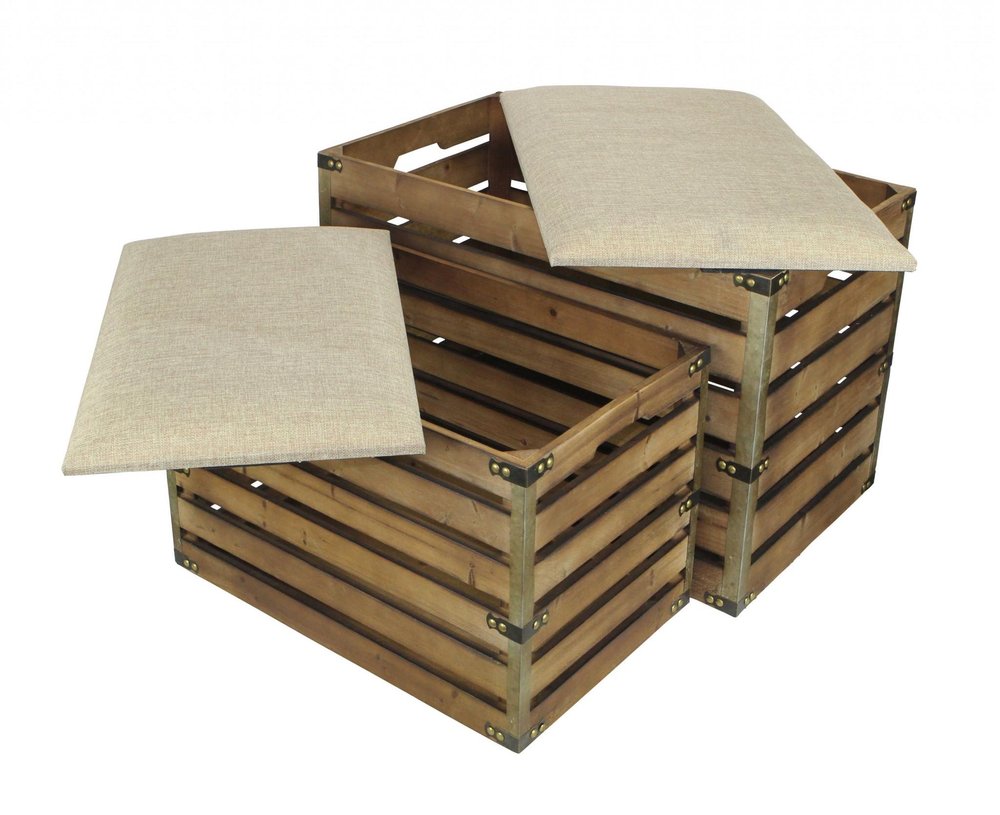 Set of Two Brown Wood Slat and Upholstery Storage Benches With Flip Top HomeRoots