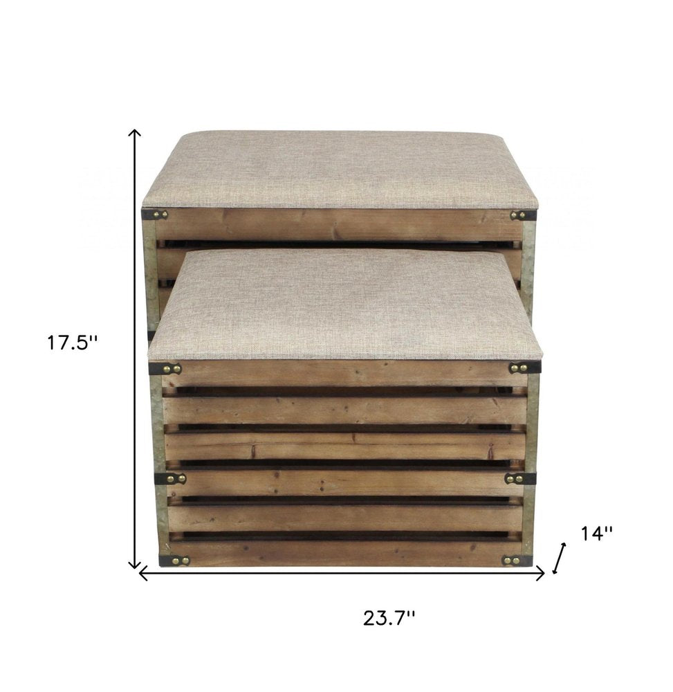 Set of Two Brown Wood Slat and Upholstery Storage Benches With Flip Top HomeRoots