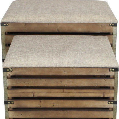 Set of Two Brown Wood Slat and Upholstery Storage Benches With Flip Top HomeRoots
