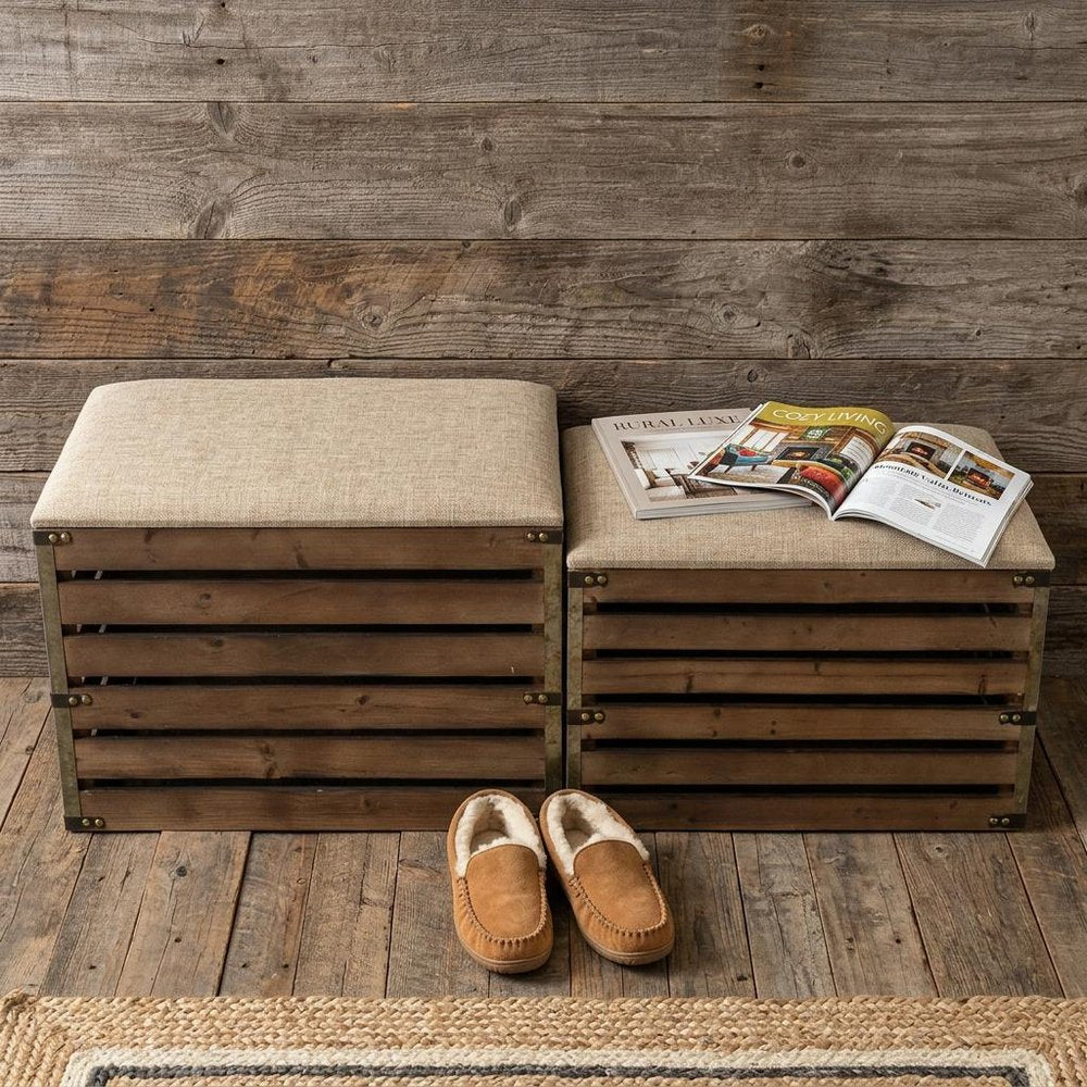 Set of Two Brown Wood Slat and Upholstery Storage Benches With Flip Top HomeRoots