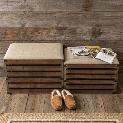 Set of Two Brown Wood Slat and Upholstery Storage Benches With Flip Top HomeRoots