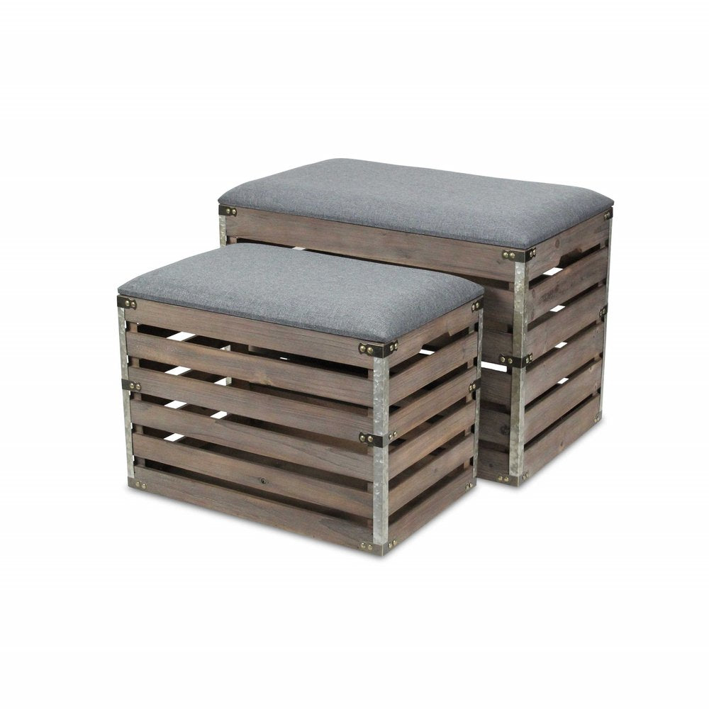 24" Gray and Brown Linen Upholstered Storage Bench with Flip Top HomeRoots