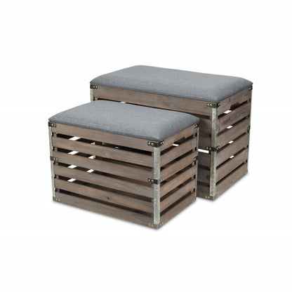 24" Gray and Brown Linen Upholstered Storage Bench with Flip Top HomeRoots