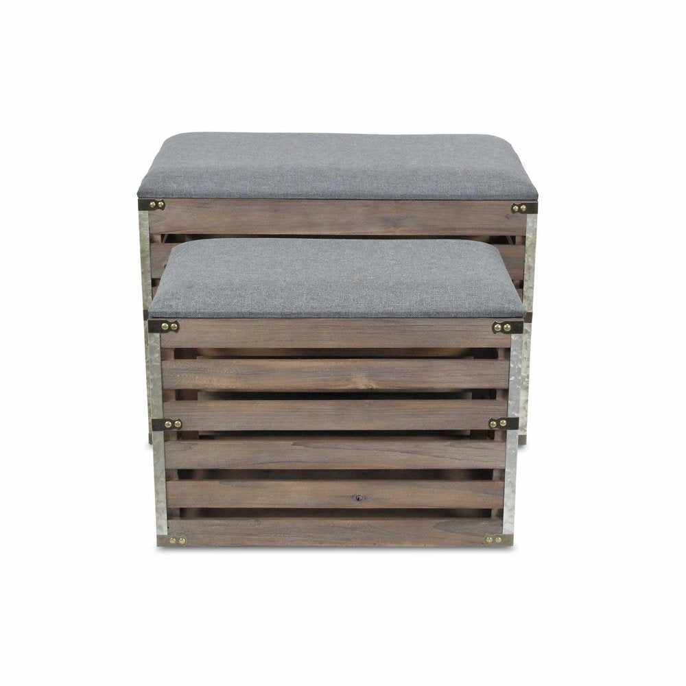 24" Gray and Brown Linen Upholstered Storage Bench with Flip Top HomeRoots
