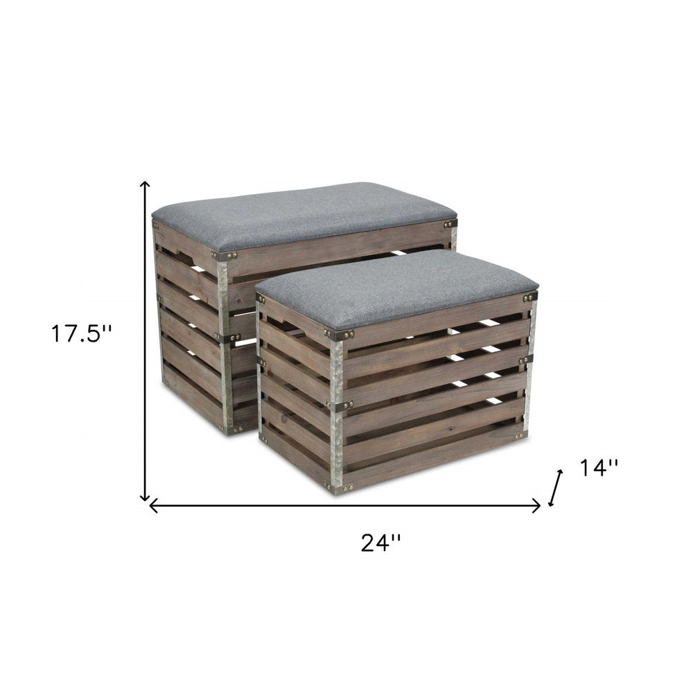 24" Gray and Brown Linen Upholstered Storage Bench with Flip Top HomeRoots