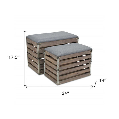 24" Gray and Brown Linen Upholstered Storage Bench with Flip Top HomeRoots