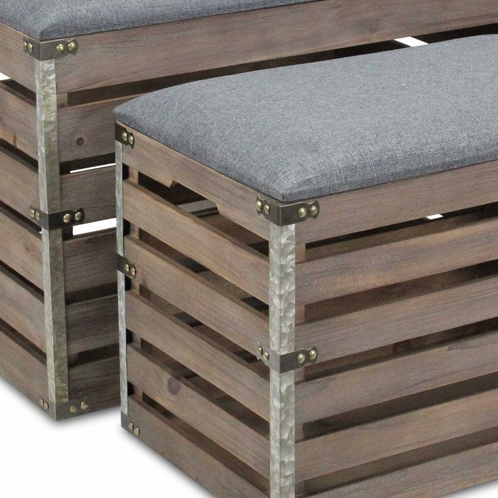 24" Gray and Brown Linen Upholstered Storage Bench with Flip Top HomeRoots