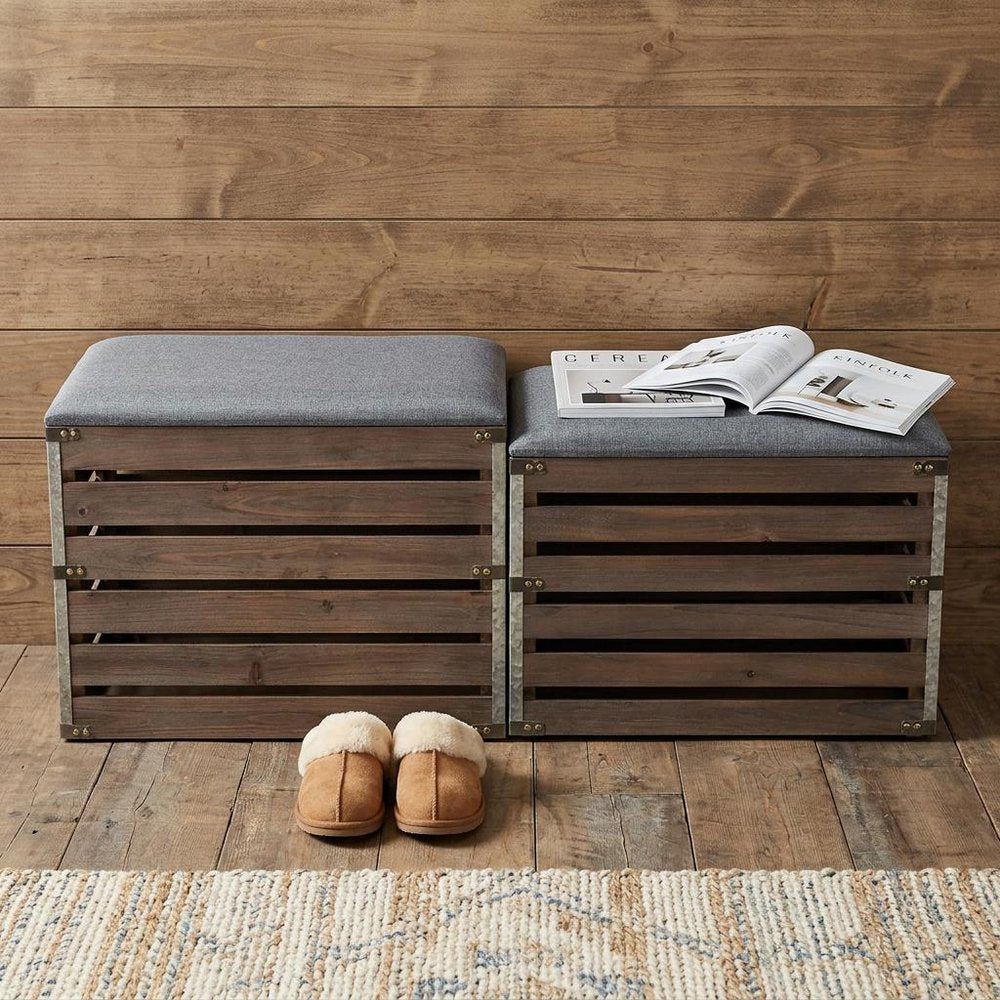 24" Gray and Brown Linen Upholstered Storage Bench with Flip Top HomeRoots