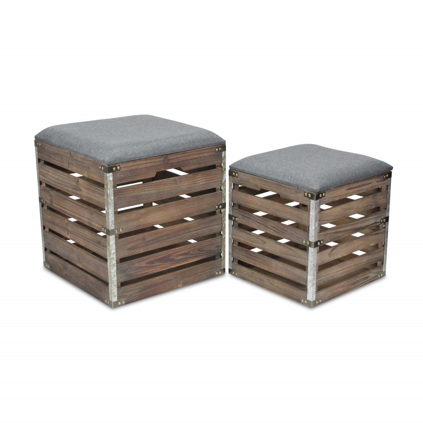 Set Of 2 Square Gray Linen Fabric And Wood Slats Storage Benches - FurniFindUSA