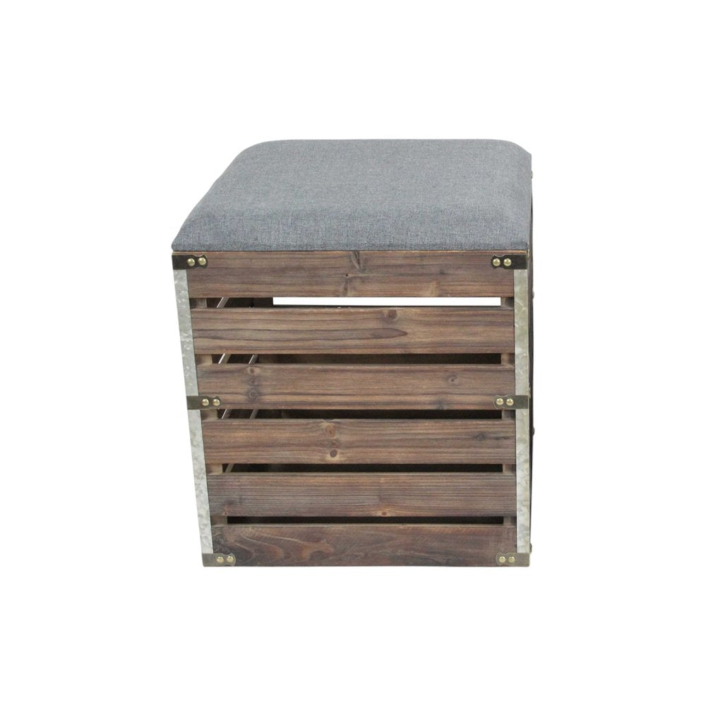 Set Of 2 Square Gray Linen Fabric And Wood Slats Storage Benches HomeRoots