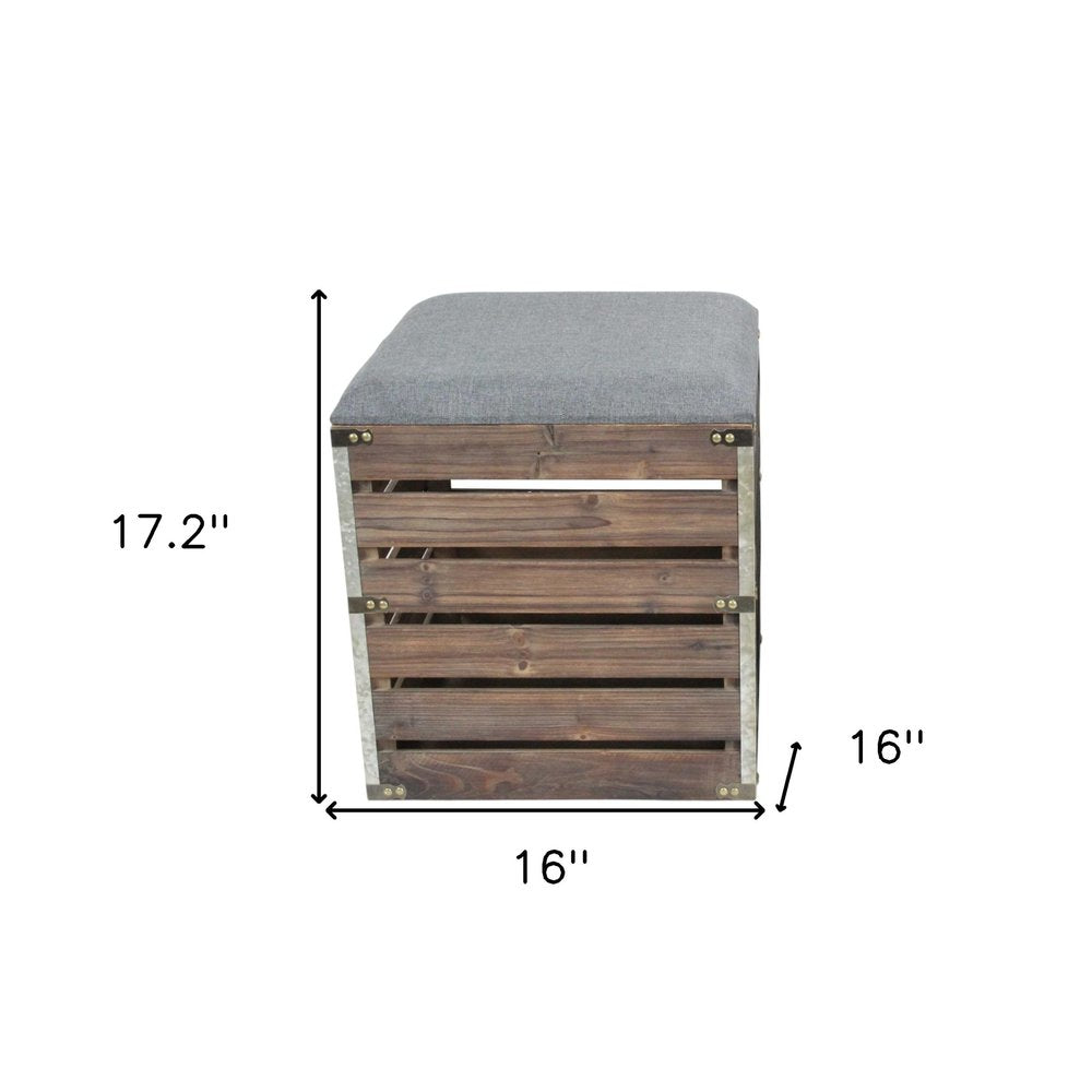 Set Of 2 Square Gray Linen Fabric And Wood Slats Storage Benches HomeRoots