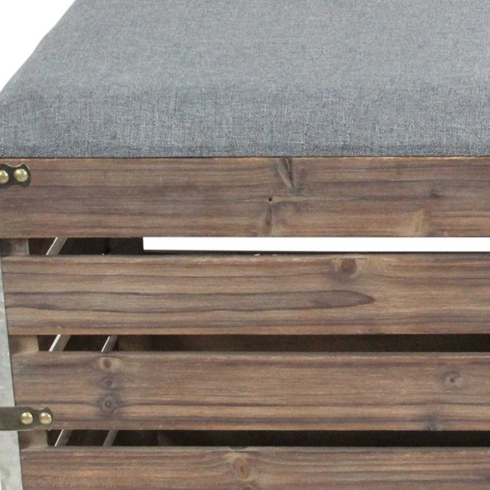 Set Of 2 Square Gray Linen Fabric And Wood Slats Storage Benches HomeRoots