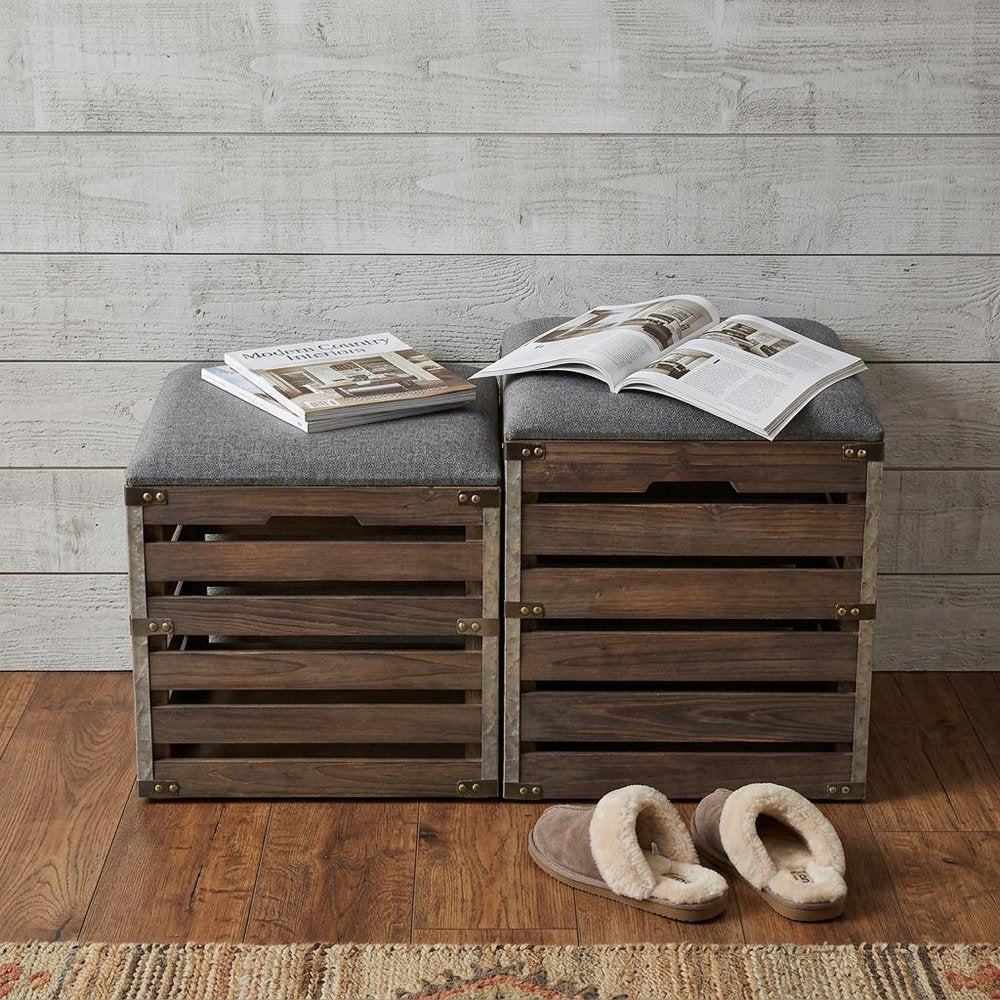 Set Of 2 Square Gray Linen Fabric And Wood Slats Storage Benches HomeRoots