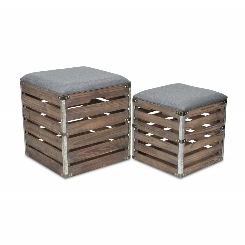 Set Of 2 Square Gray Linen Fabric And Wood Slats Storage Benches HomeRoots