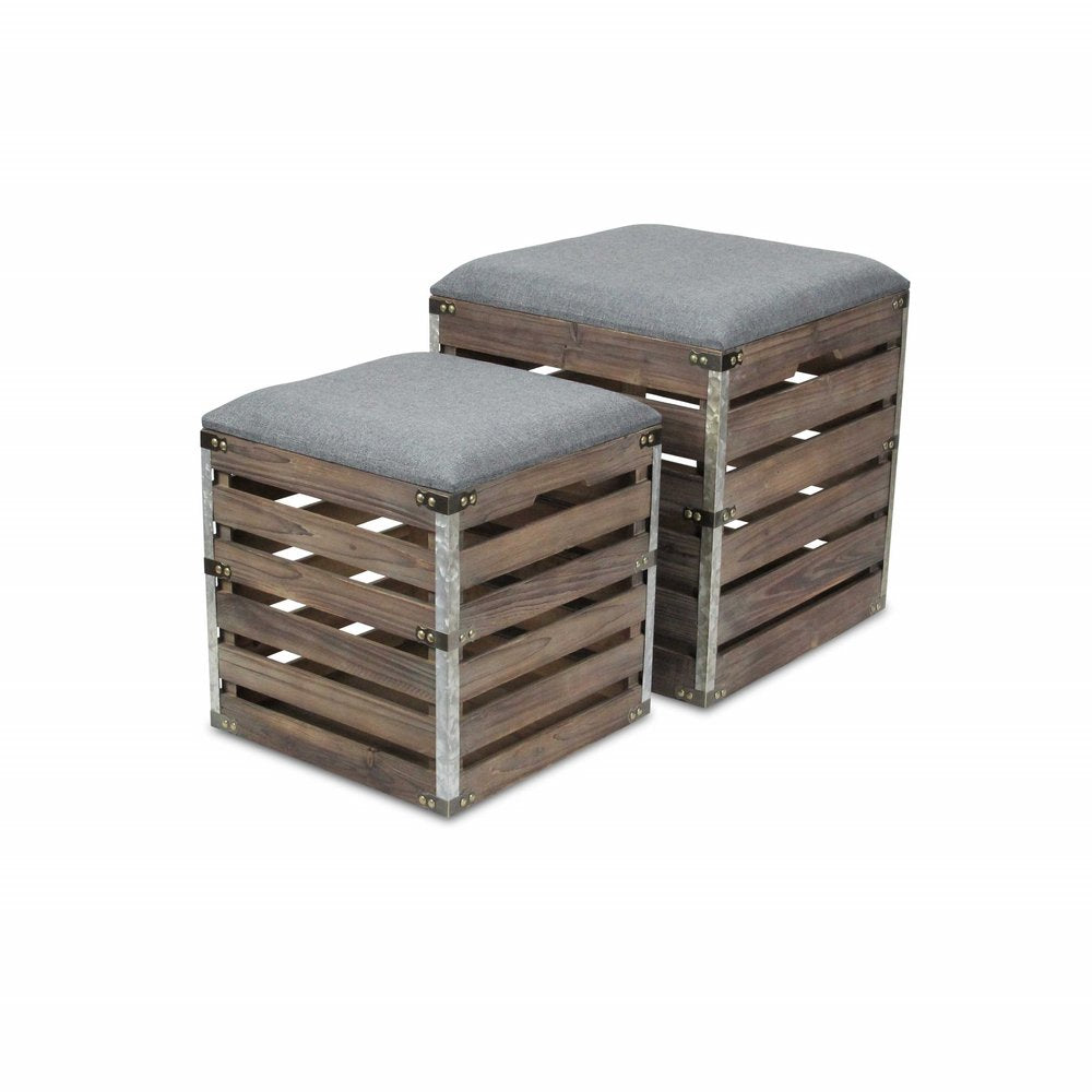 Set Of 2 Square Gray Linen Fabric And Wood Slats Storage Benches HomeRoots