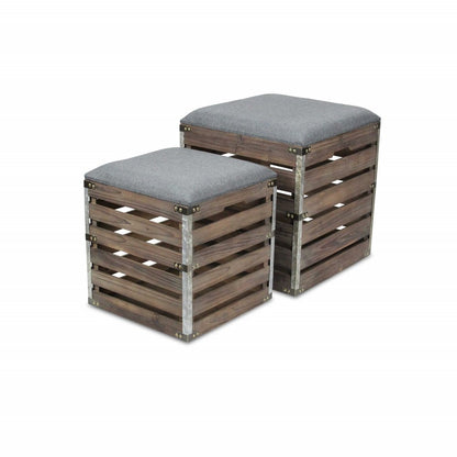 Set Of 2 Square Gray Linen Fabric And Wood Slats Storage Benches HomeRoots
