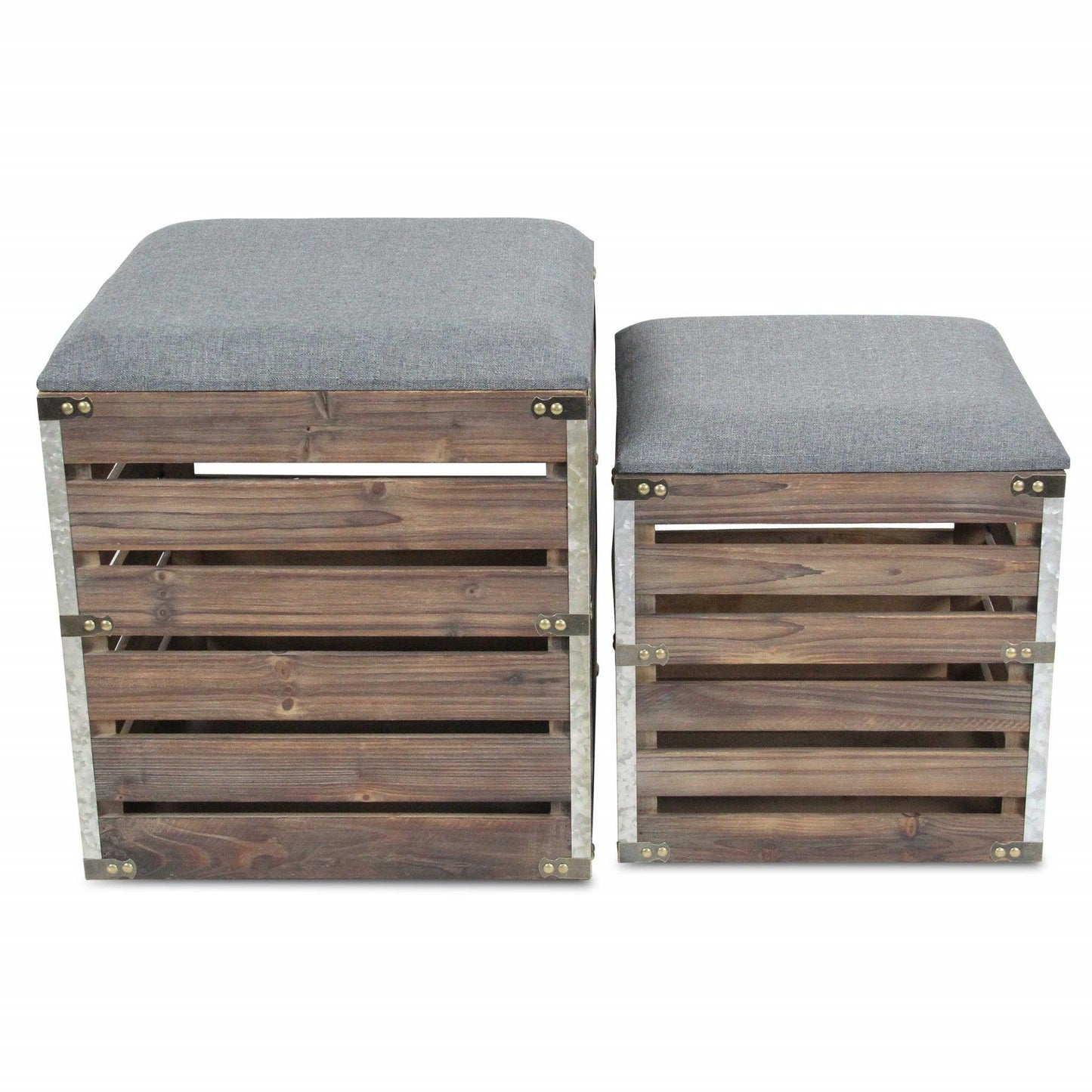 Set Of 2 Square Gray Linen Fabric And Wood Slats Storage Benches - FurniFindUSA