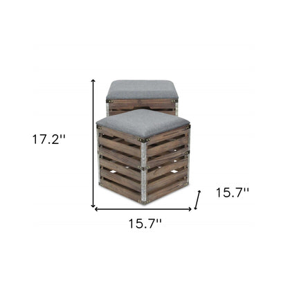 Set Of 2 Square Gray Linen Fabric And Wood Slats Storage Benches - FurniFindUSA