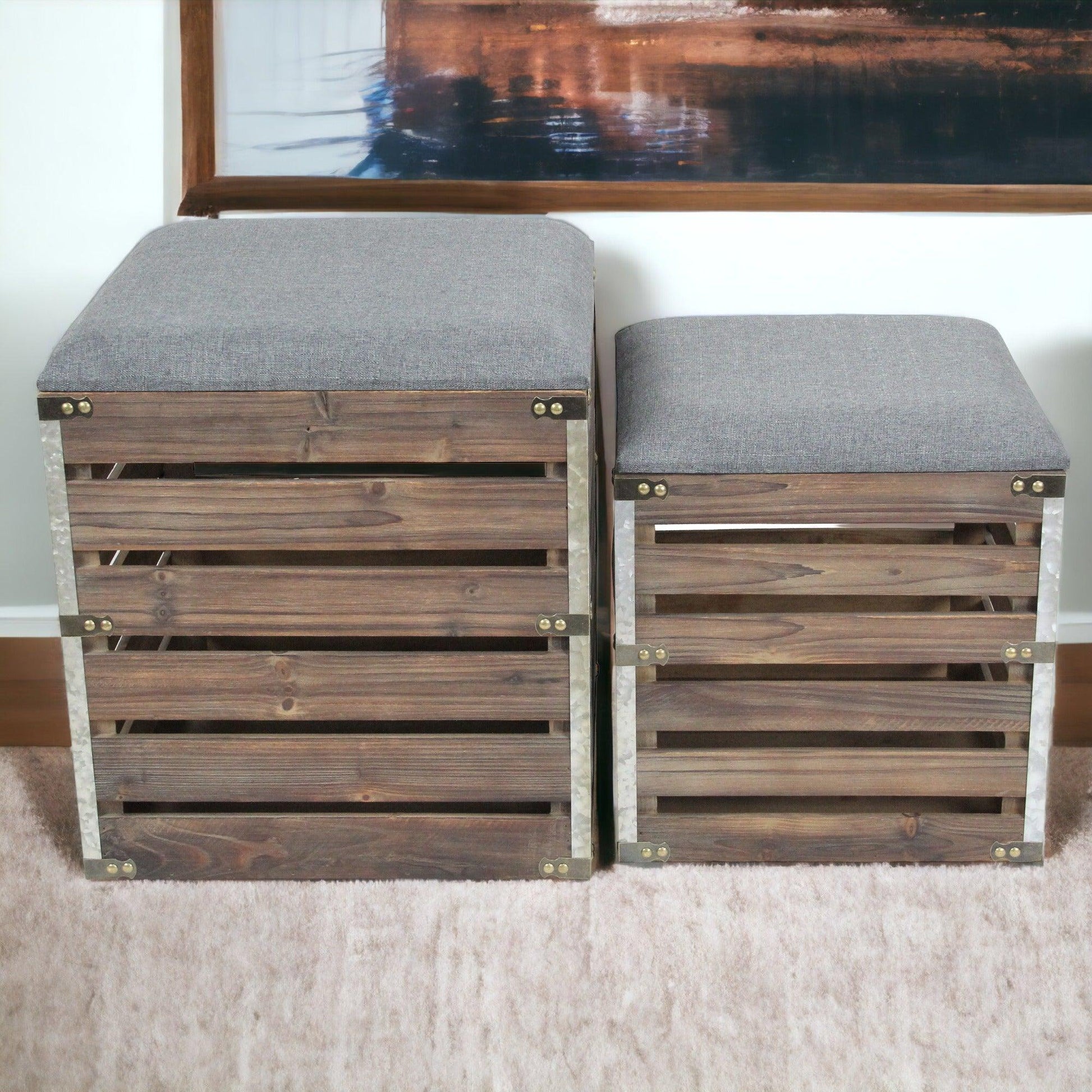 Set Of 2 Square Gray Linen Fabric And Wood Slats Storage Benches - FurniFindUSA