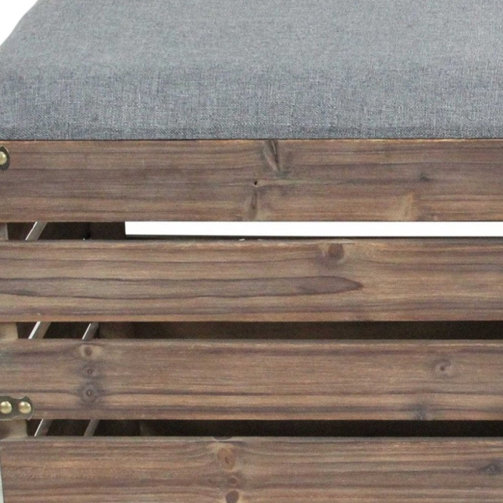 Set Of 2 Square Gray Linen Fabric And Wood Slats Storage Benches HomeRoots