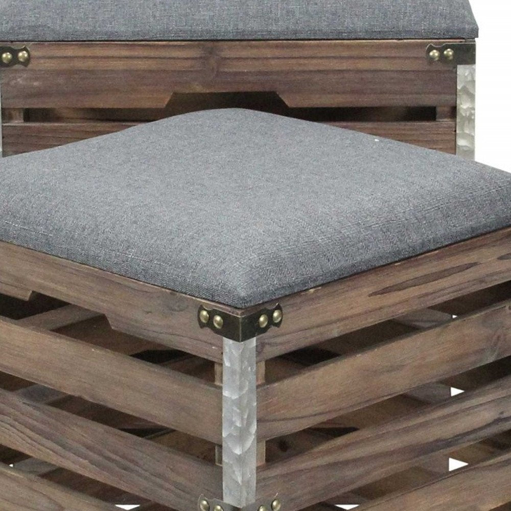 Set Of 2 Square Gray Linen Fabric And Wood Slats Storage Benches HomeRoots
