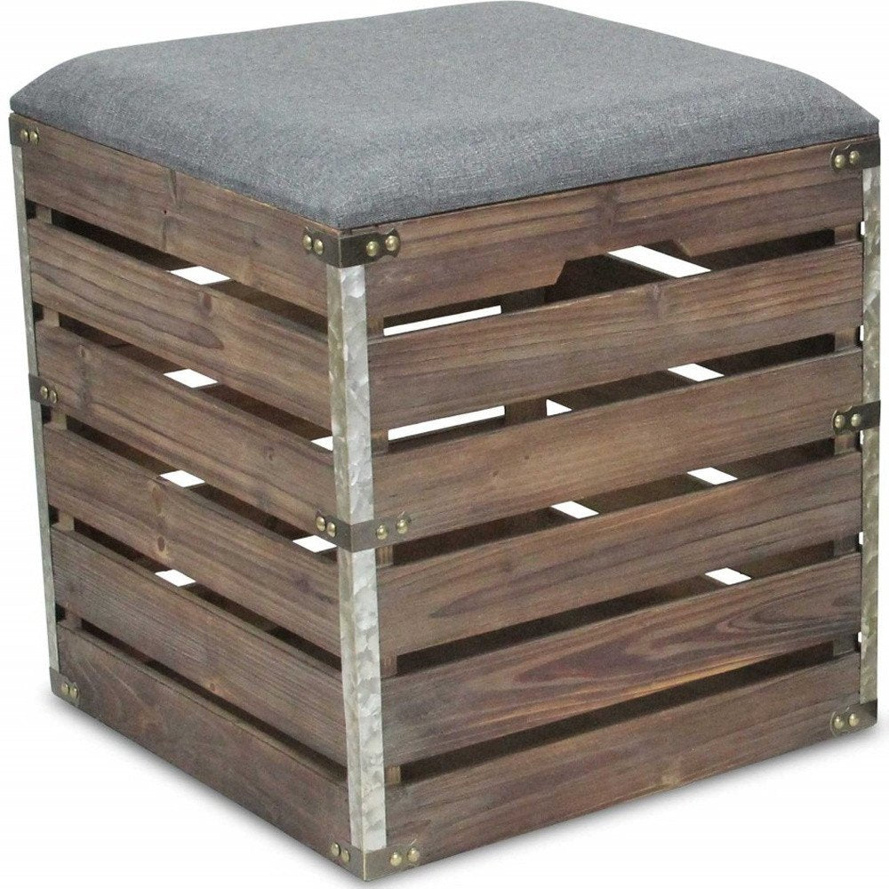 Set Of 2 Square Gray Linen Fabric And Wood Slats Storage Benches HomeRoots