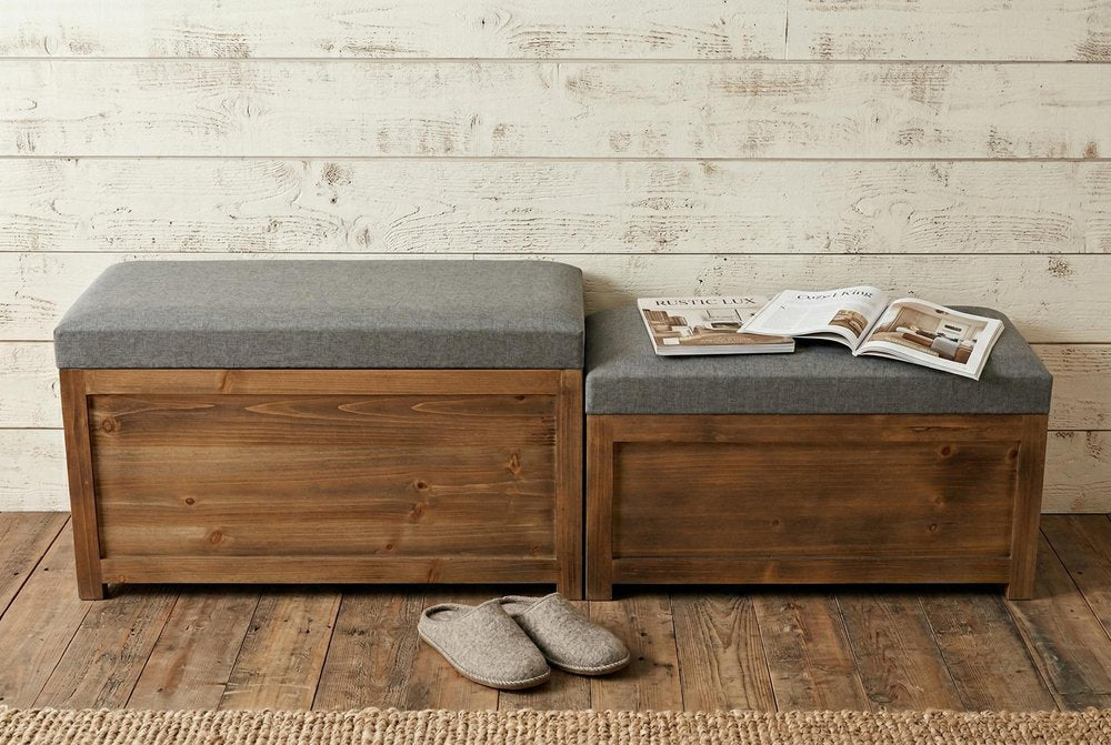 Set Of 2 Rectangular Gray Linen Fabric And Wood Storage Benches HomeRoots