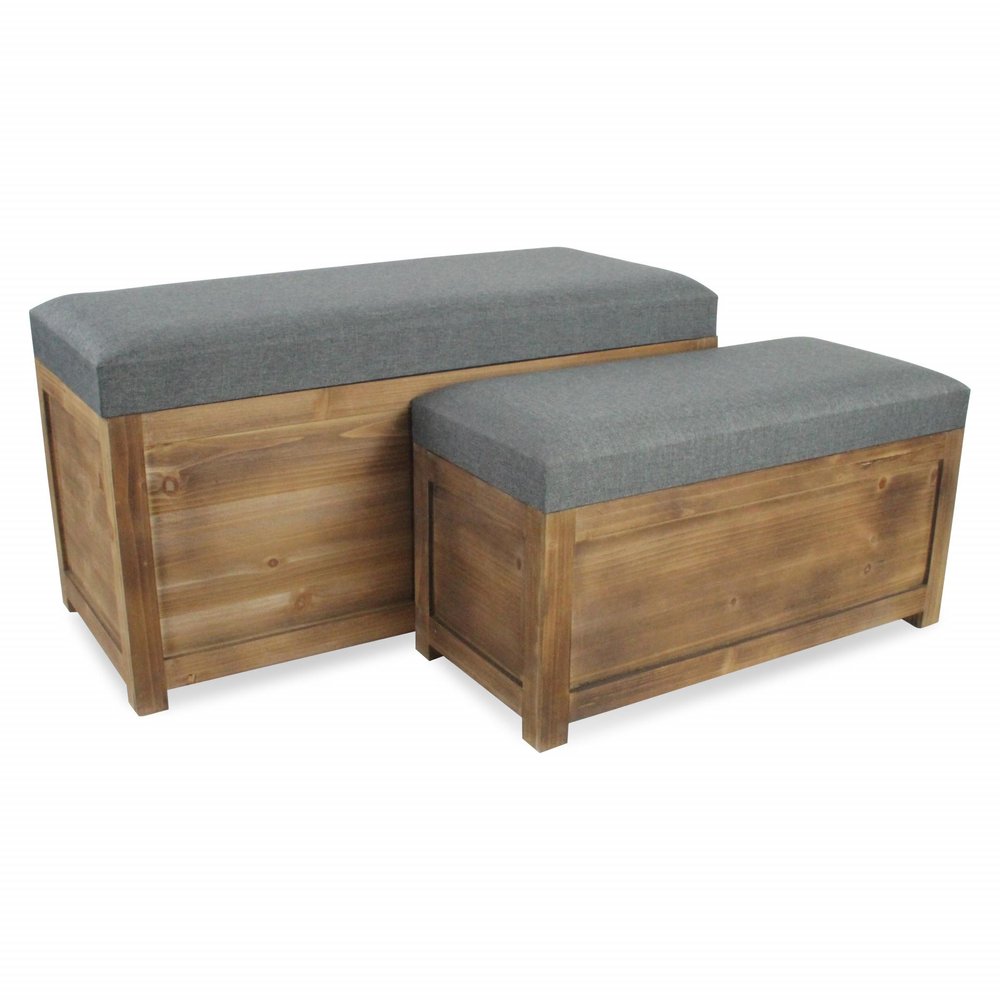 Set Of 2 Rectangular Gray Linen Fabric And Wood Storage Benches HomeRoots
