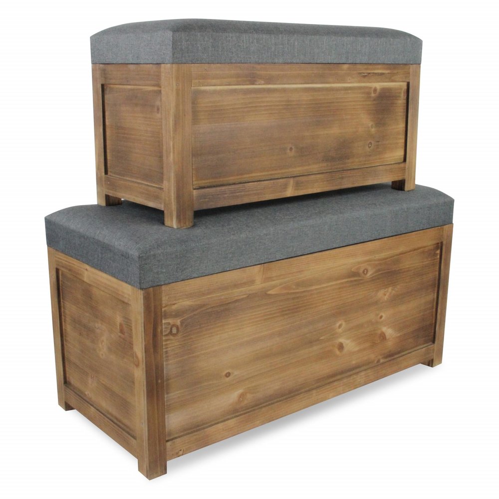 Set Of 2 Rectangular Gray Linen Fabric And Wood Storage Benches HomeRoots