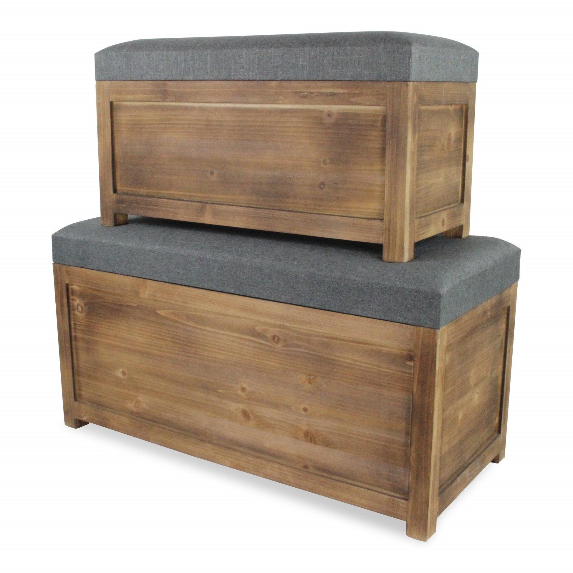 Set Of 2 Rectangular Gray Linen Fabric And Wood Storage Benches - FurniFindUSA