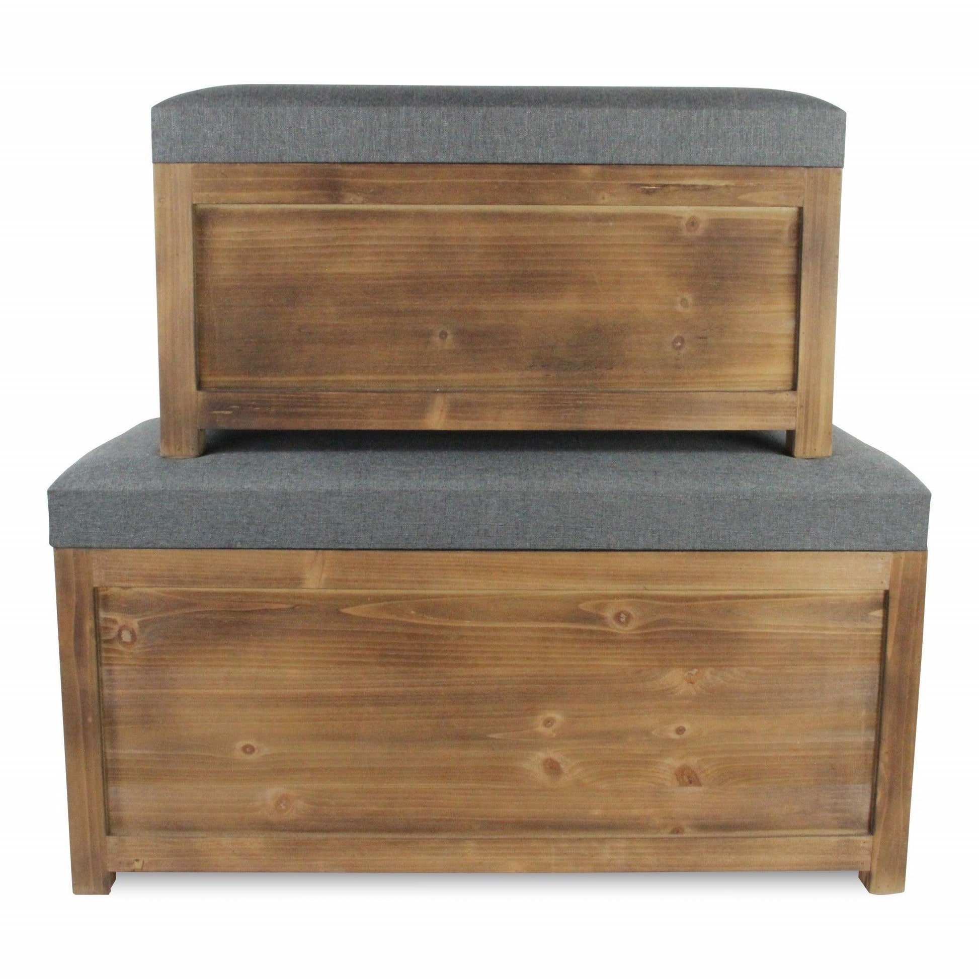 Set Of 2 Rectangular Gray Linen Fabric And Wood Storage Benches - FurniFindUSA