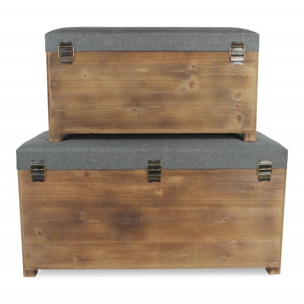 Set Of 2 Rectangular Gray Linen Fabric And Wood Storage Benches HomeRoots