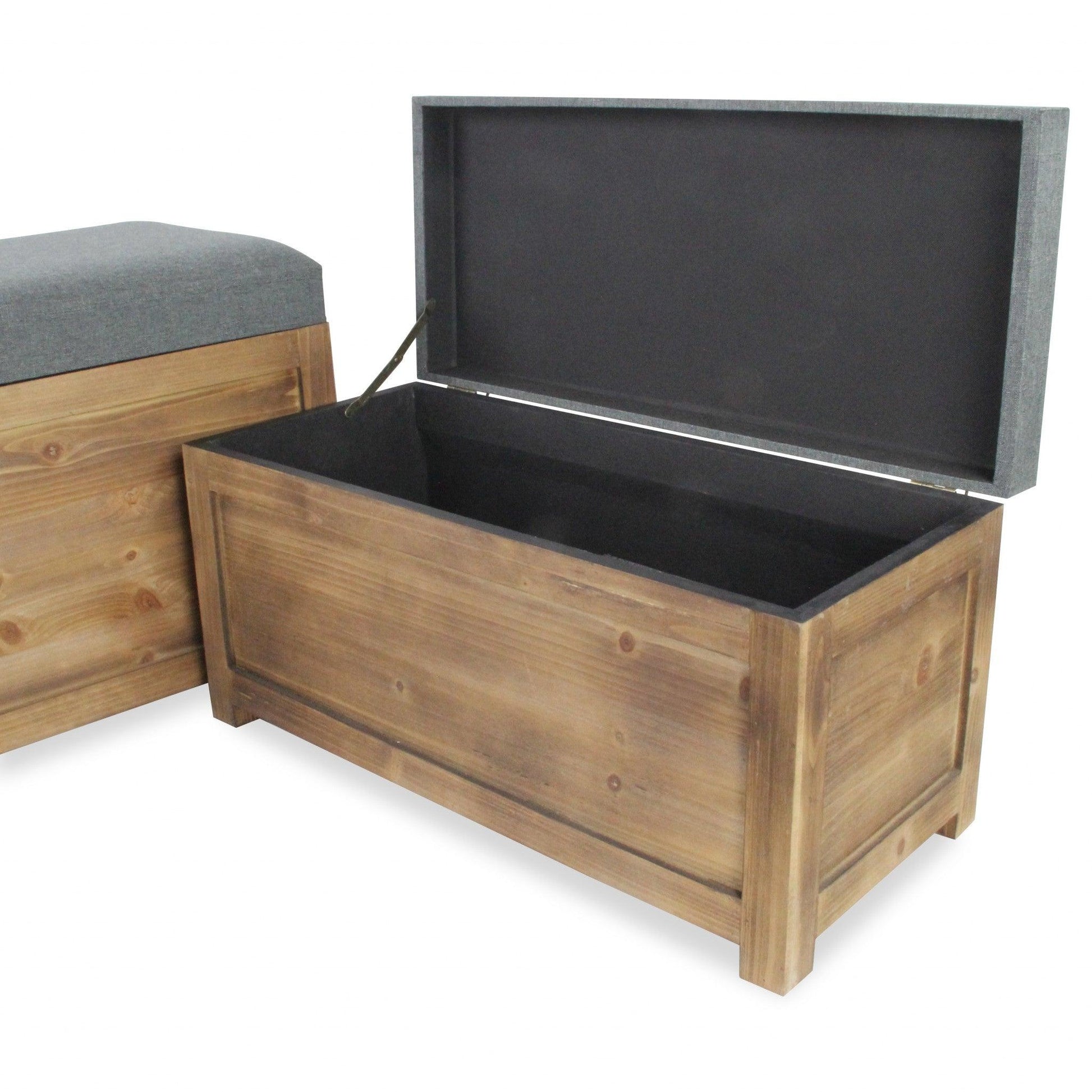 Set Of 2 Rectangular Gray Linen Fabric And Wood Storage Benches - FurniFindUSA