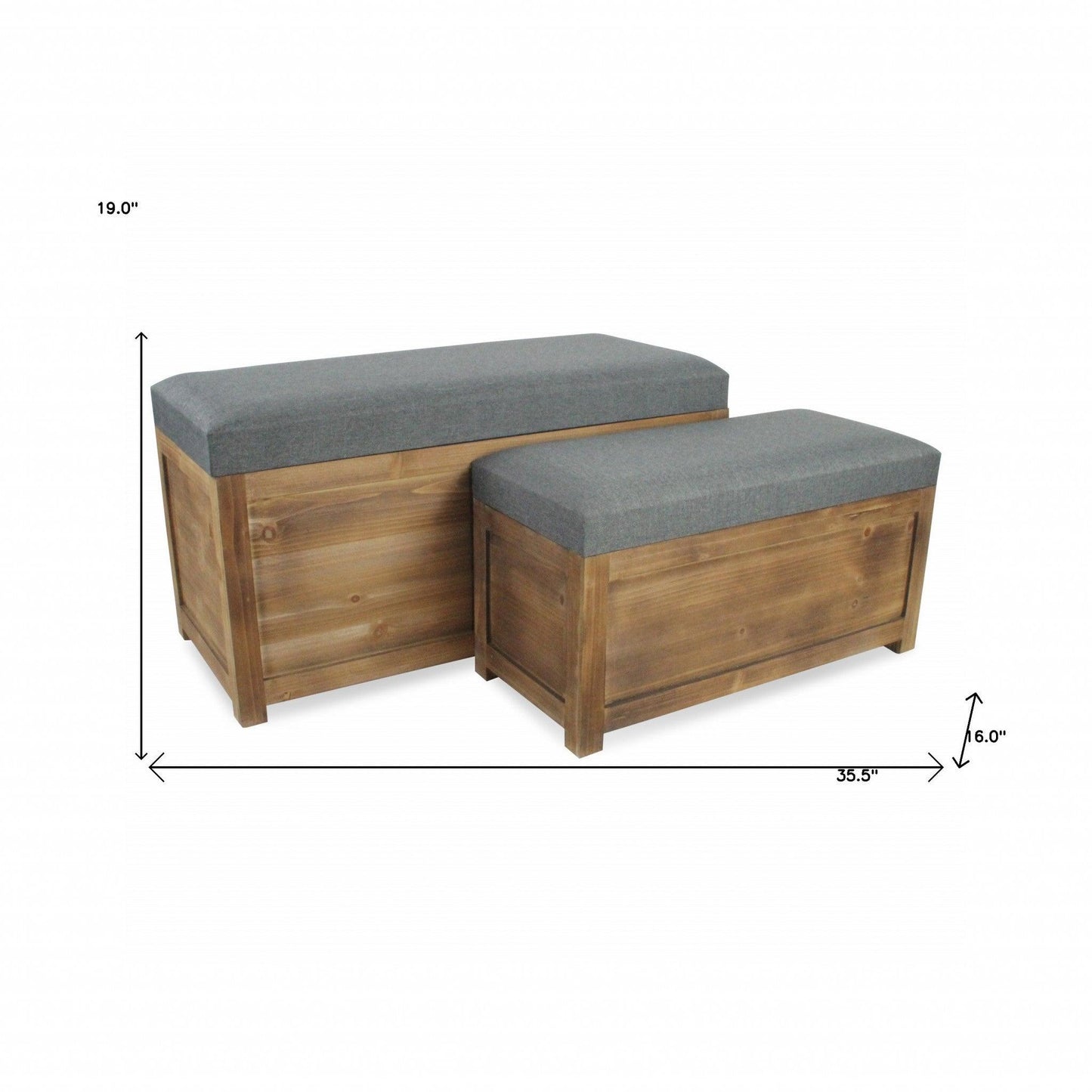 Set Of 2 Rectangular Gray Linen Fabric And Wood Storage Benches - FurniFindUSA