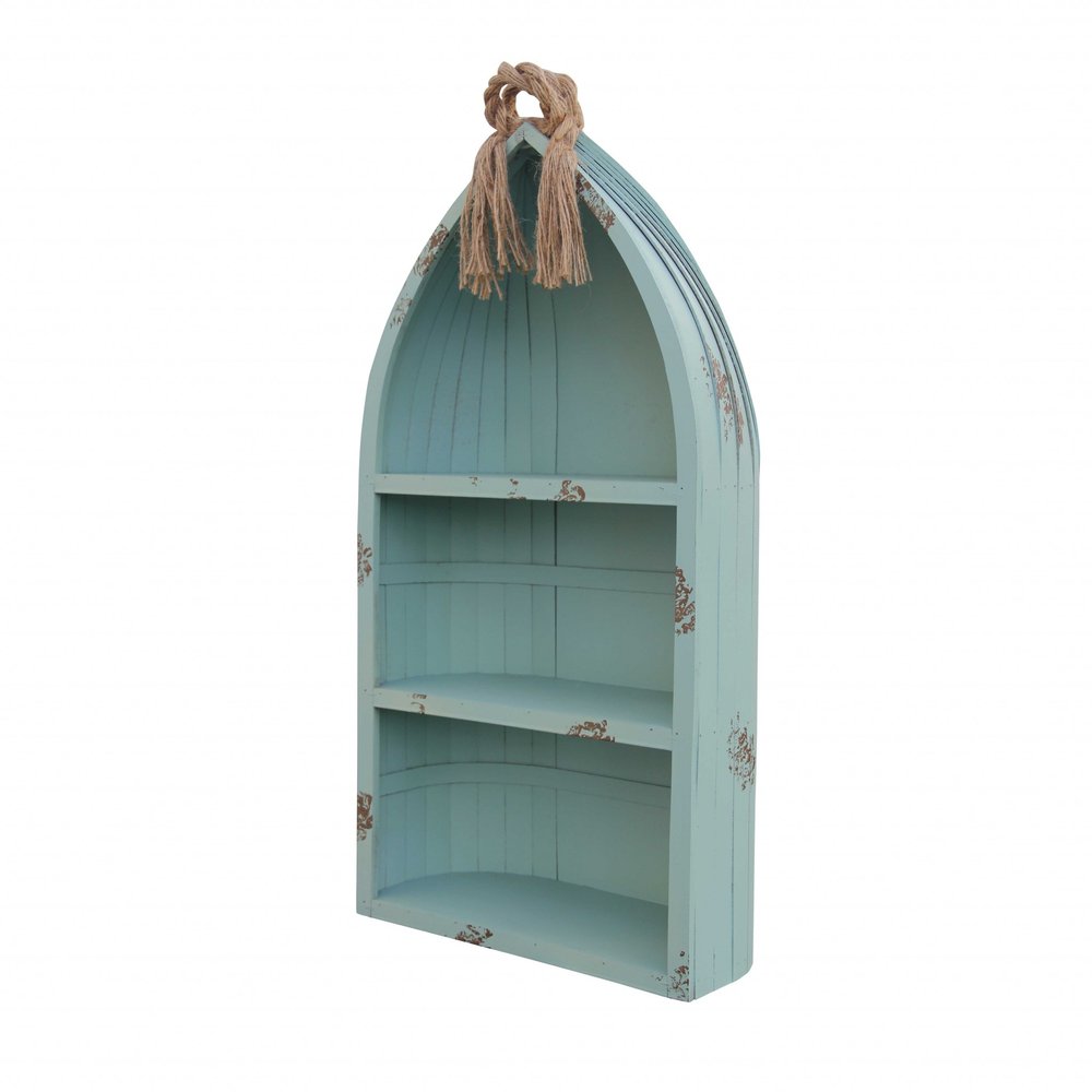 34" Aqua Blue Wood Canoe Hanging Shelf HomeRoots