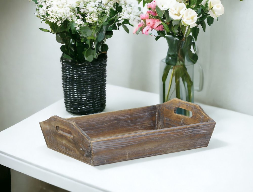 Dark Brown Finish Wood Serving Tray With Handles HomeRoots