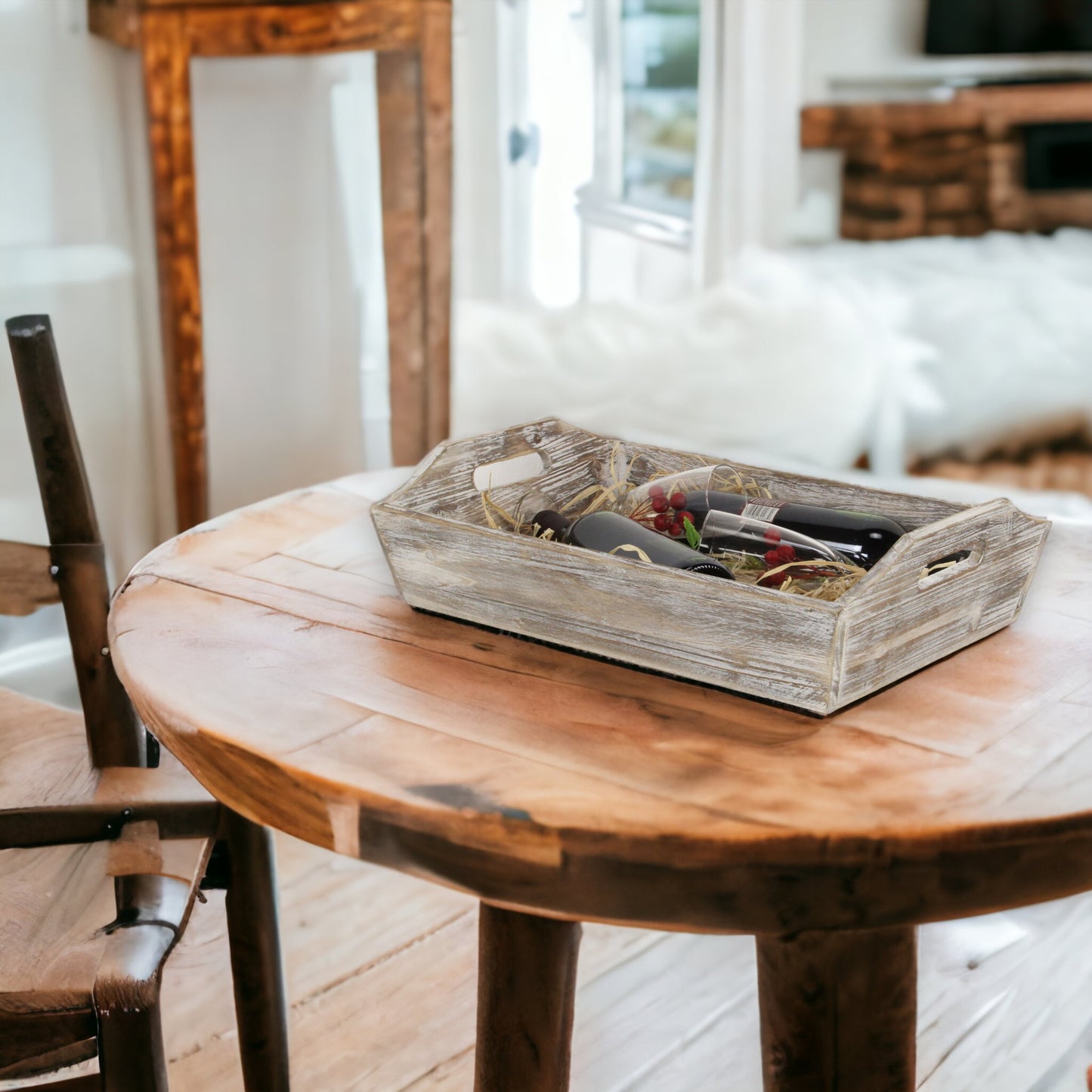 White Rustic Finish Wood Serving Tray With Handles