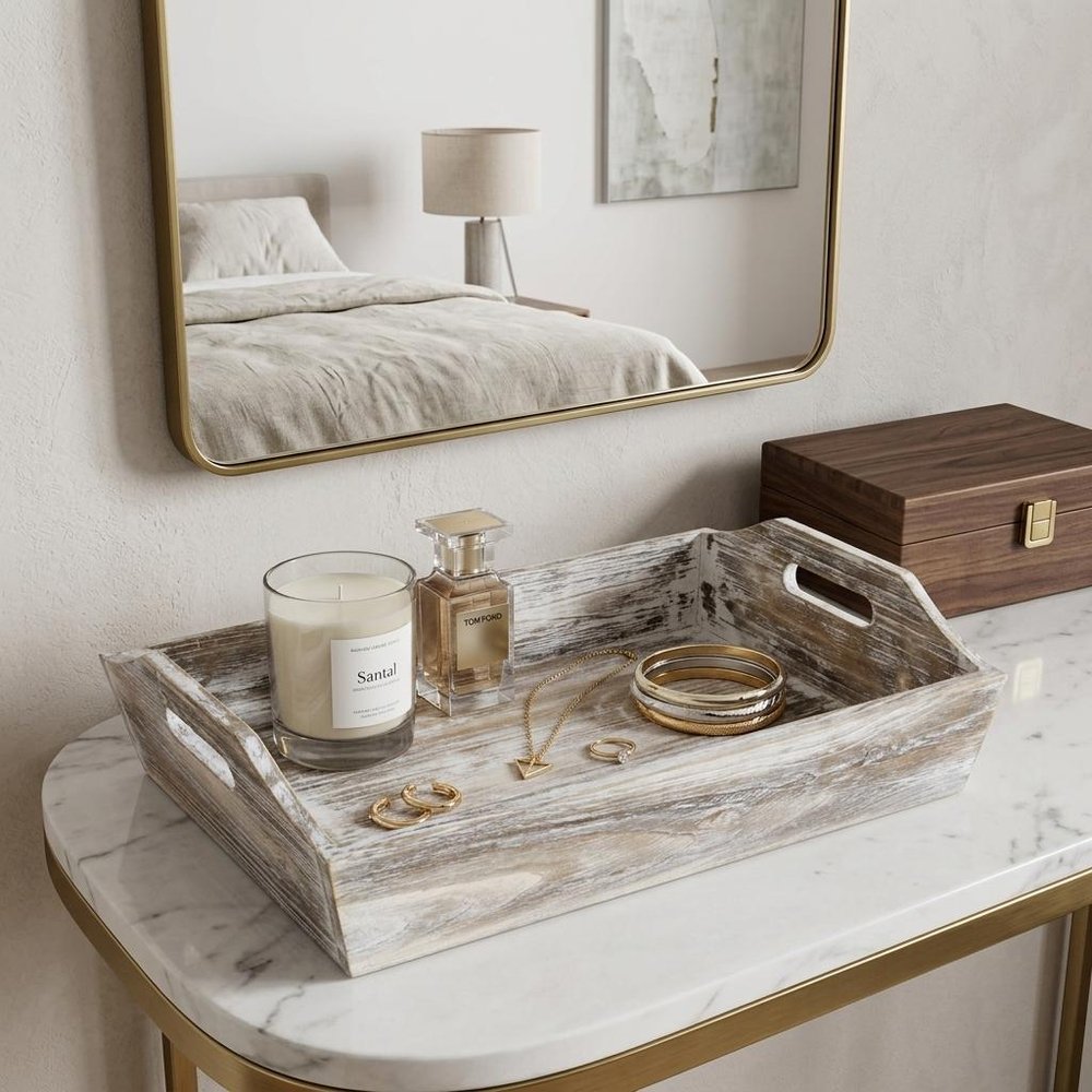 White Rustic Finish Wood Serving Tray With Handles HomeRoots