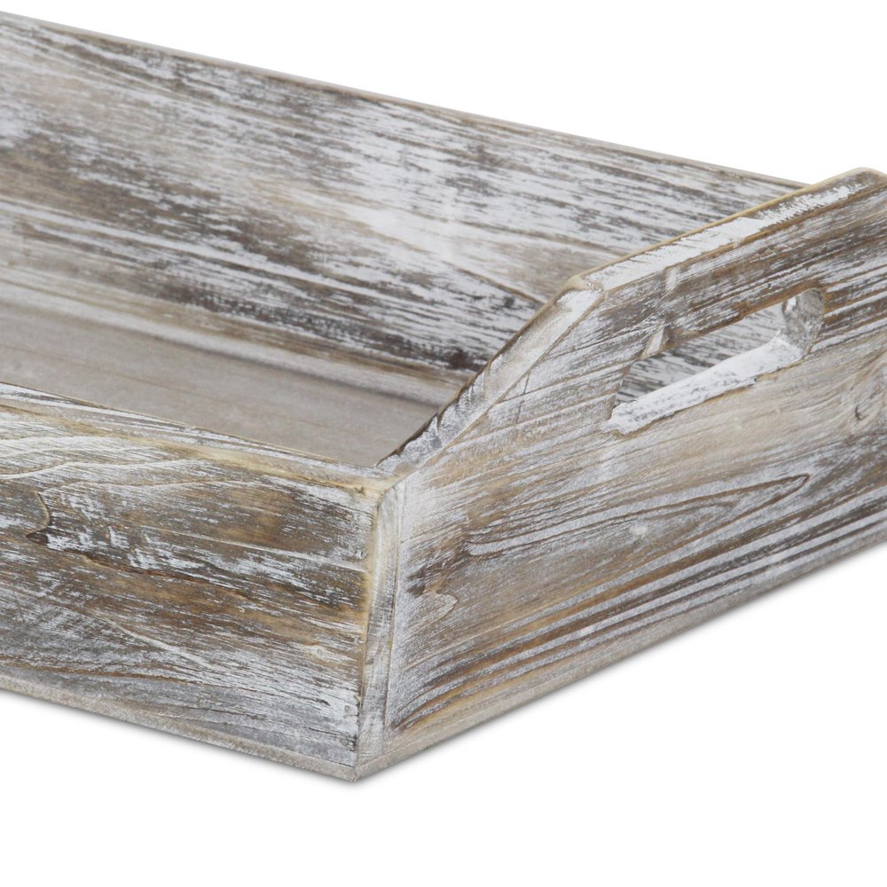 White Rustic Finish Wood Serving Tray With Handles — view 2