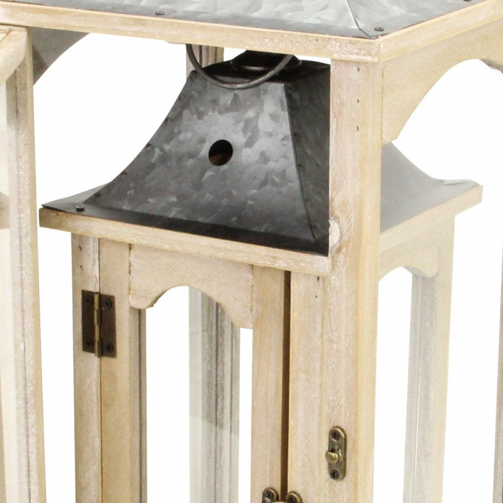 Set Of 2 Brown Wood Finished Frame Glass And Metal Top Lanterns — view 10
