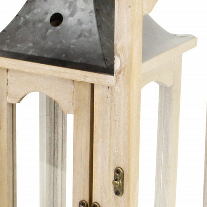 Set Of 2 Brown Wood Finished Frame Glass And Metal Top Lanterns HomeRoots