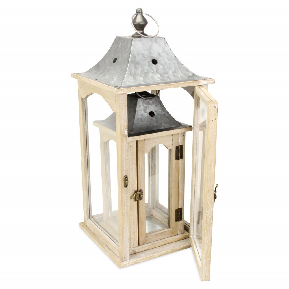 Set Of 2 Brown Wood Finished Frame Glass And Metal Top Lanterns — view 13