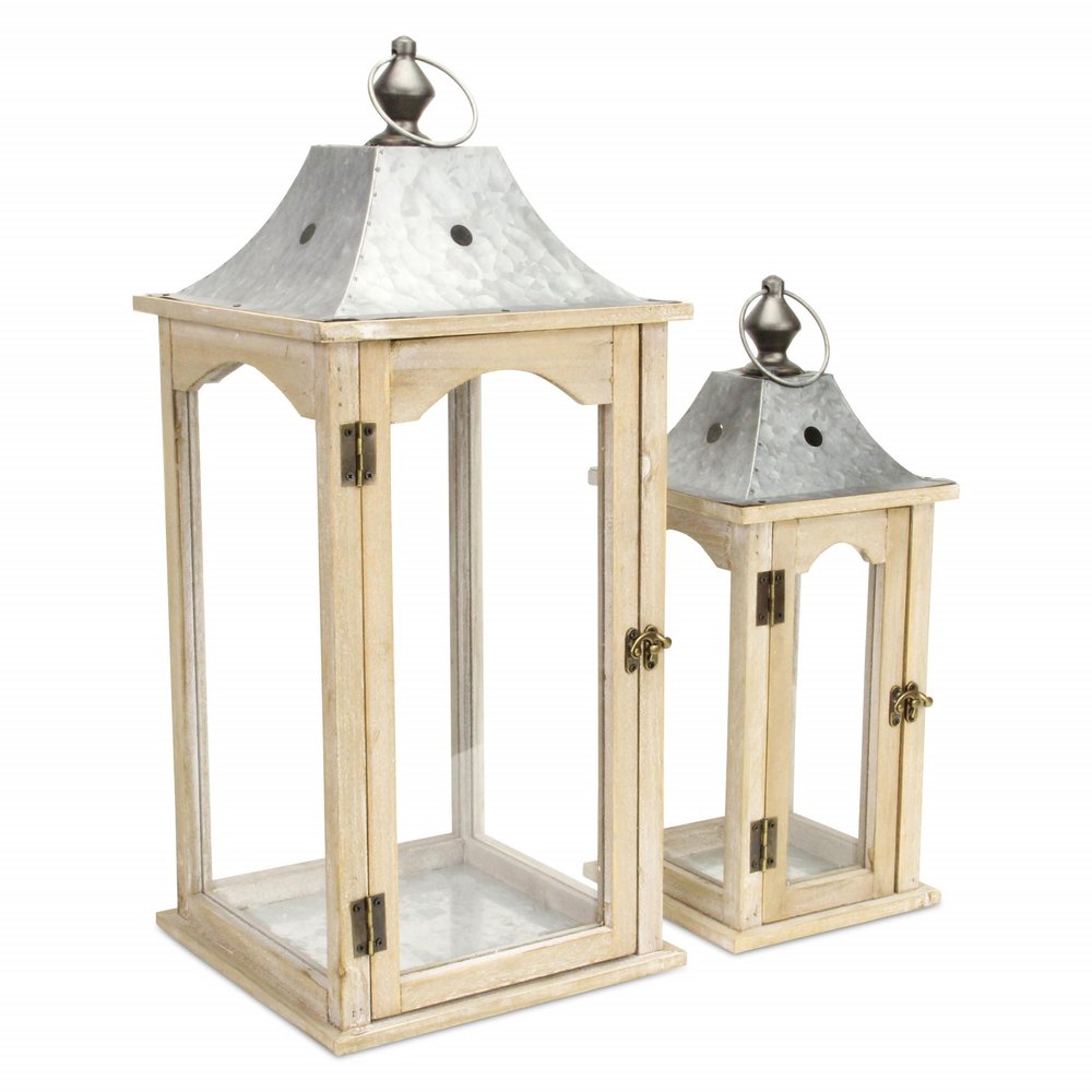 Set Of 2 Brown Wood Finished Frame Glass And Metal Top Lanterns — view 1