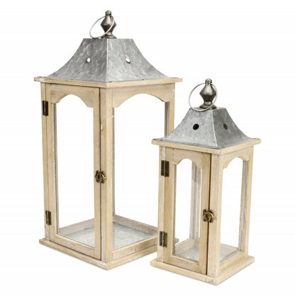 Set Of 2 Brown Wood Finished Frame Glass And Metal Top Lanterns HomeRoots